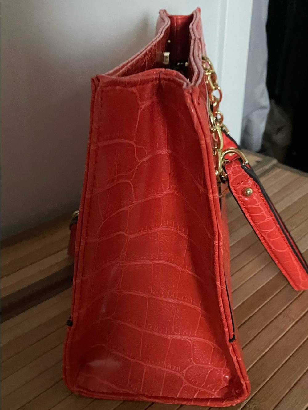 Anne Klein Reddish Orange/Coral Croc-Embossed Shoulder Tote with Gold Hardware - Picture 8 of 10